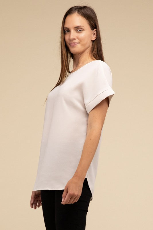 Woven Heavy Dobby Rolled Sleeve Boat Neck Top