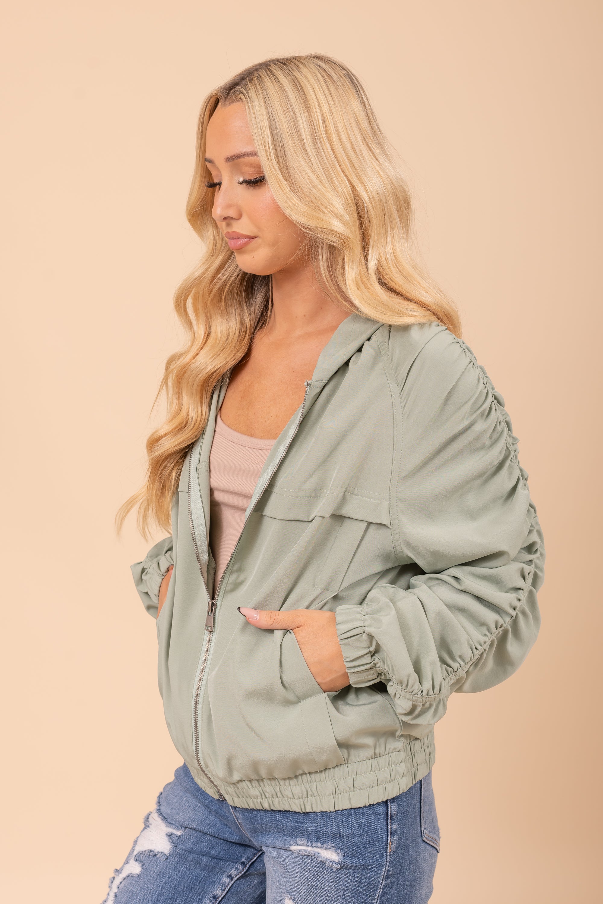 Zip Up Hooded Jacket With Ruched Sleeves