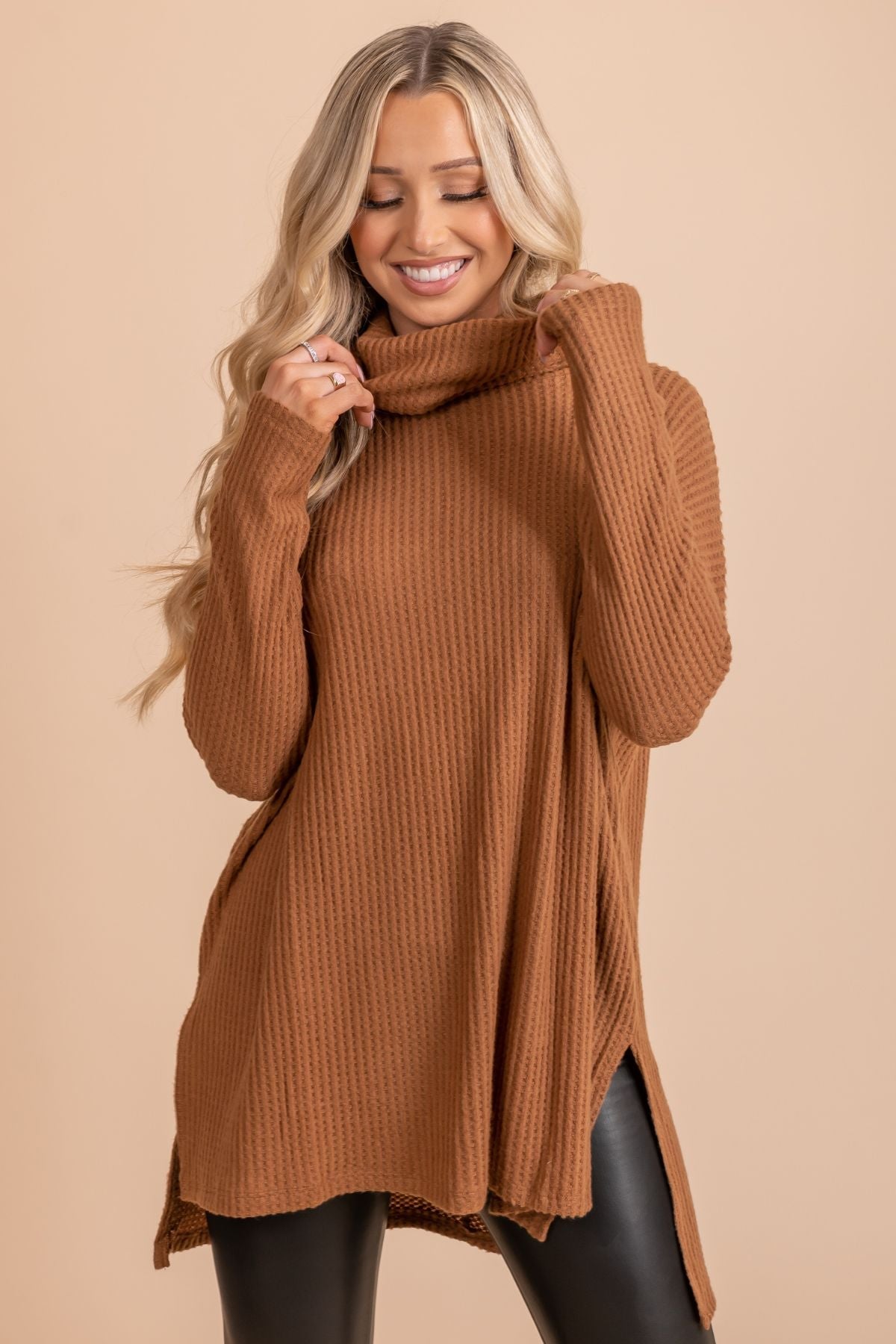 Brown Waffle Knit Boutique Tops for Women