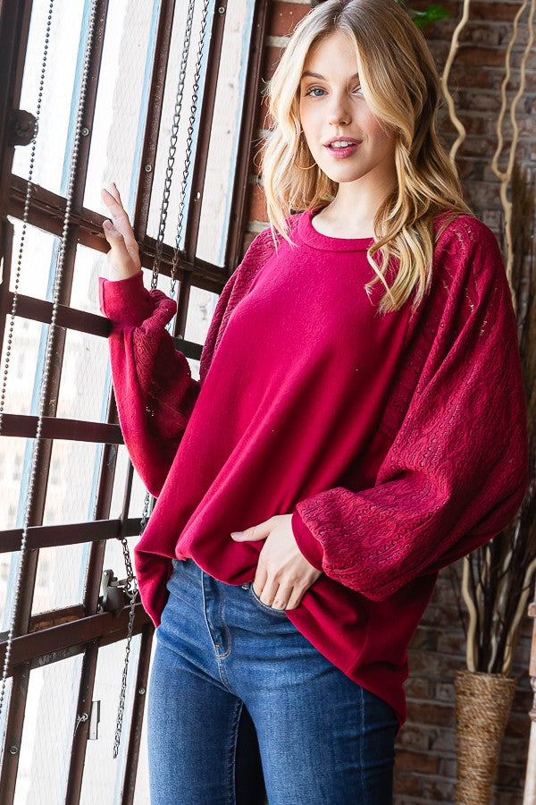 Solid Lace Contrast Sleeve Pullover