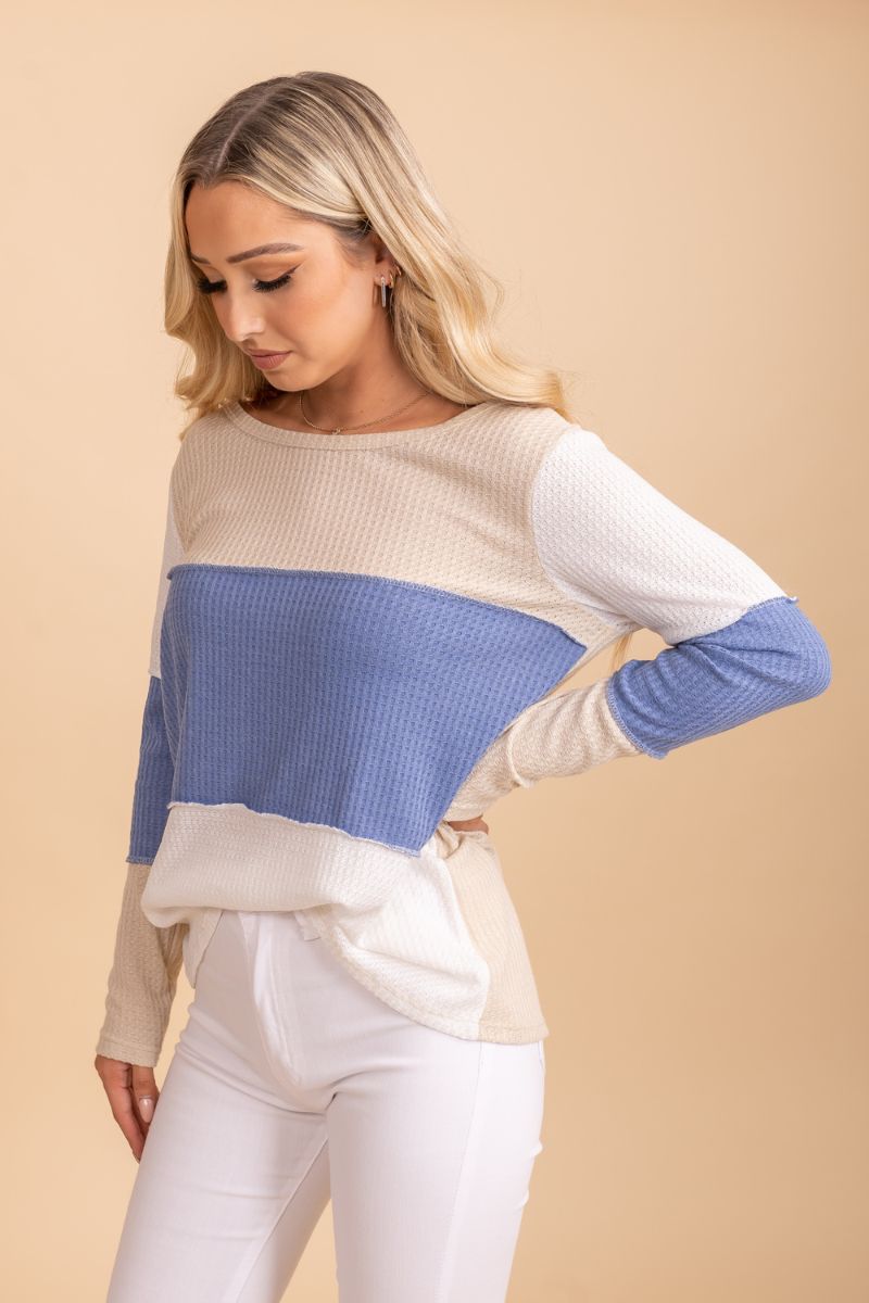 blue waffle knit color block top