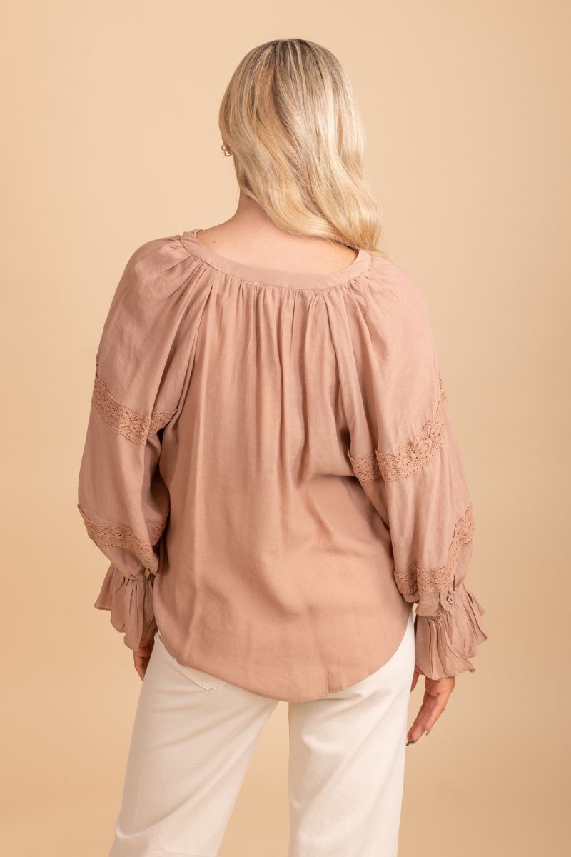 flowy light brown lace detail top