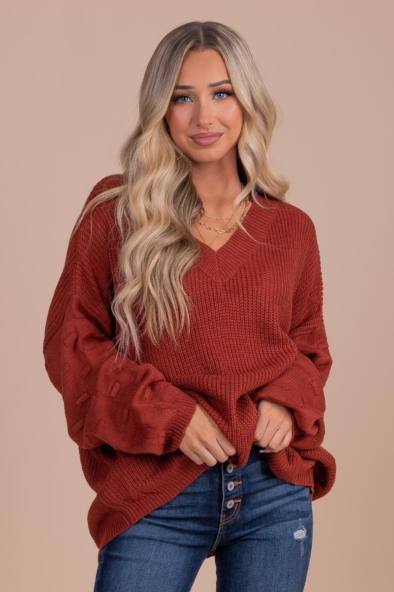 boutique rust red v-neck knit pullover sweater for fall and winter