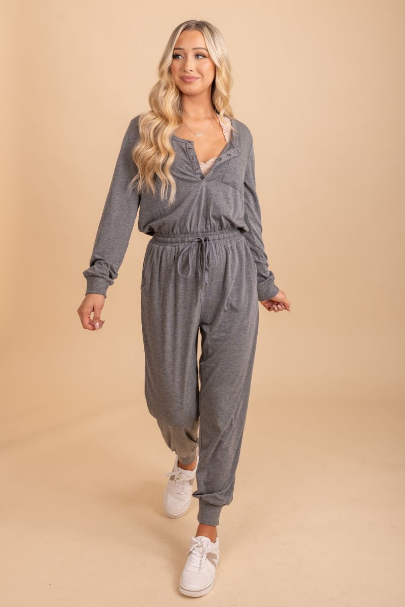 long sleeve cinched gray jumpsuit