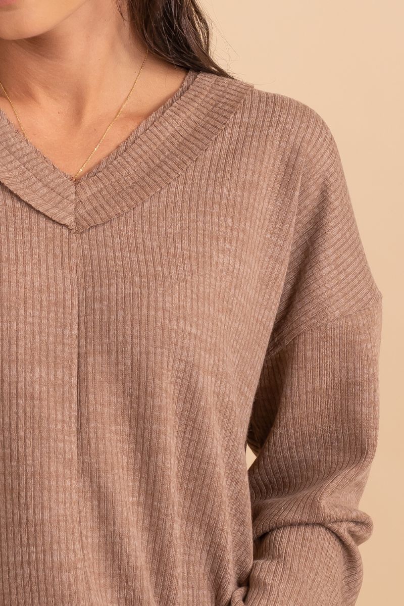 brown ribbed light weight v neck top