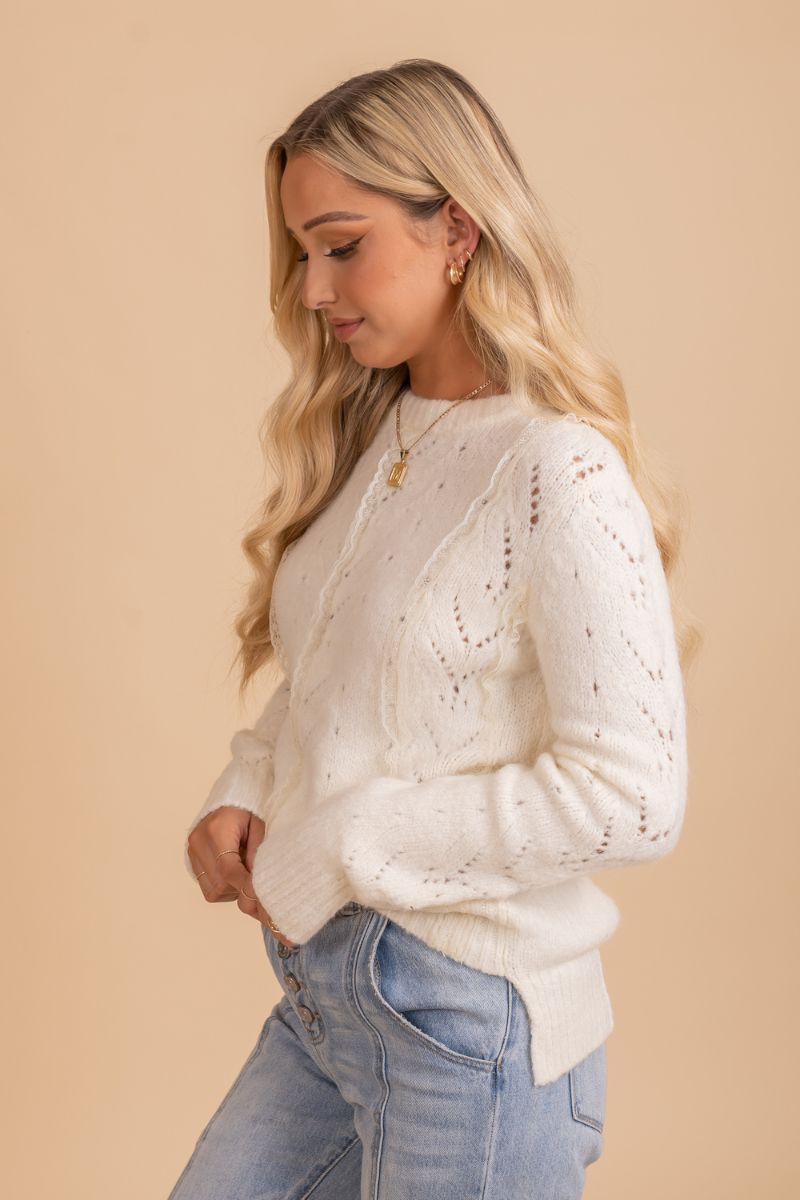 lace knit long sleeve white sweater