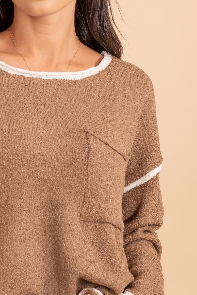 long sleeve front pocket brown sweater