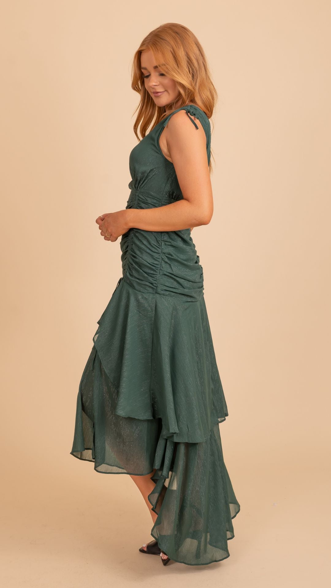Cinched dress with ruffles green dress