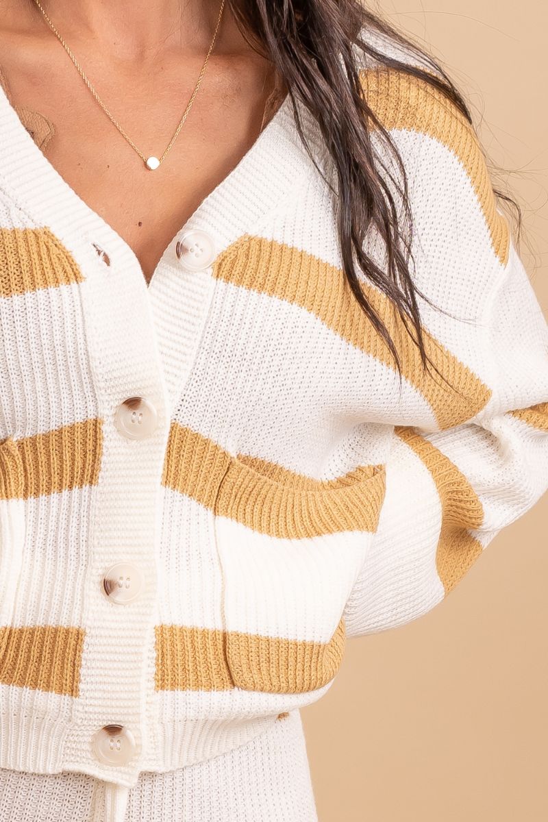 button up white and yellow striped knit set