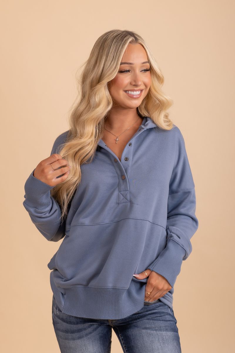 blue half button up long sleeve hoodie