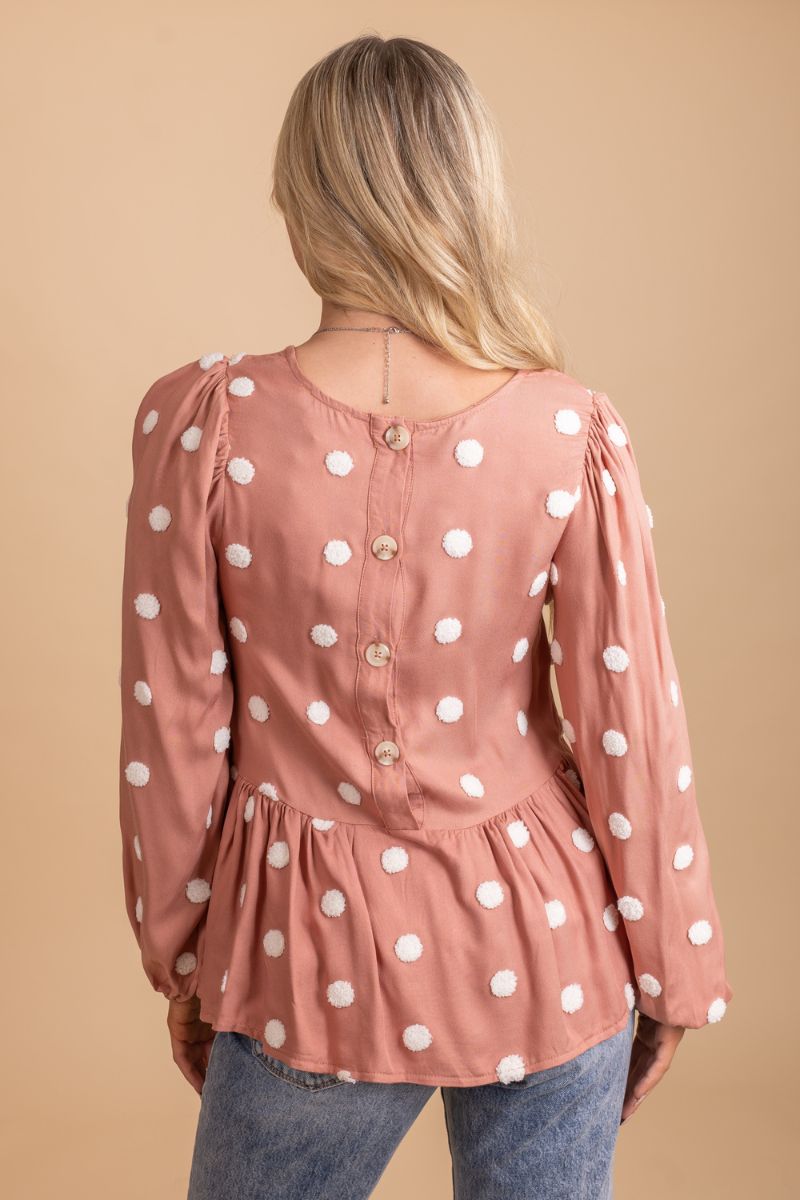 button up back long sleeve pink polka dot top