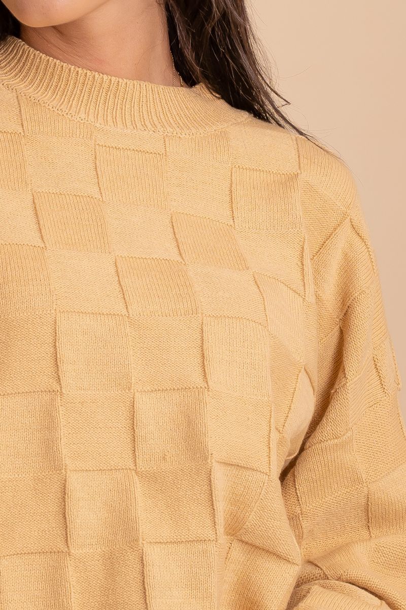 long sleeve checkered texture yellow sweater