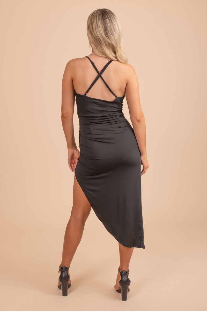 cross back high to low side slit black dress