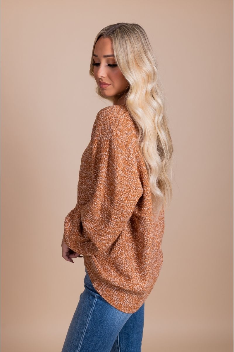 women's brown orange knit sweater with balloon sleeves