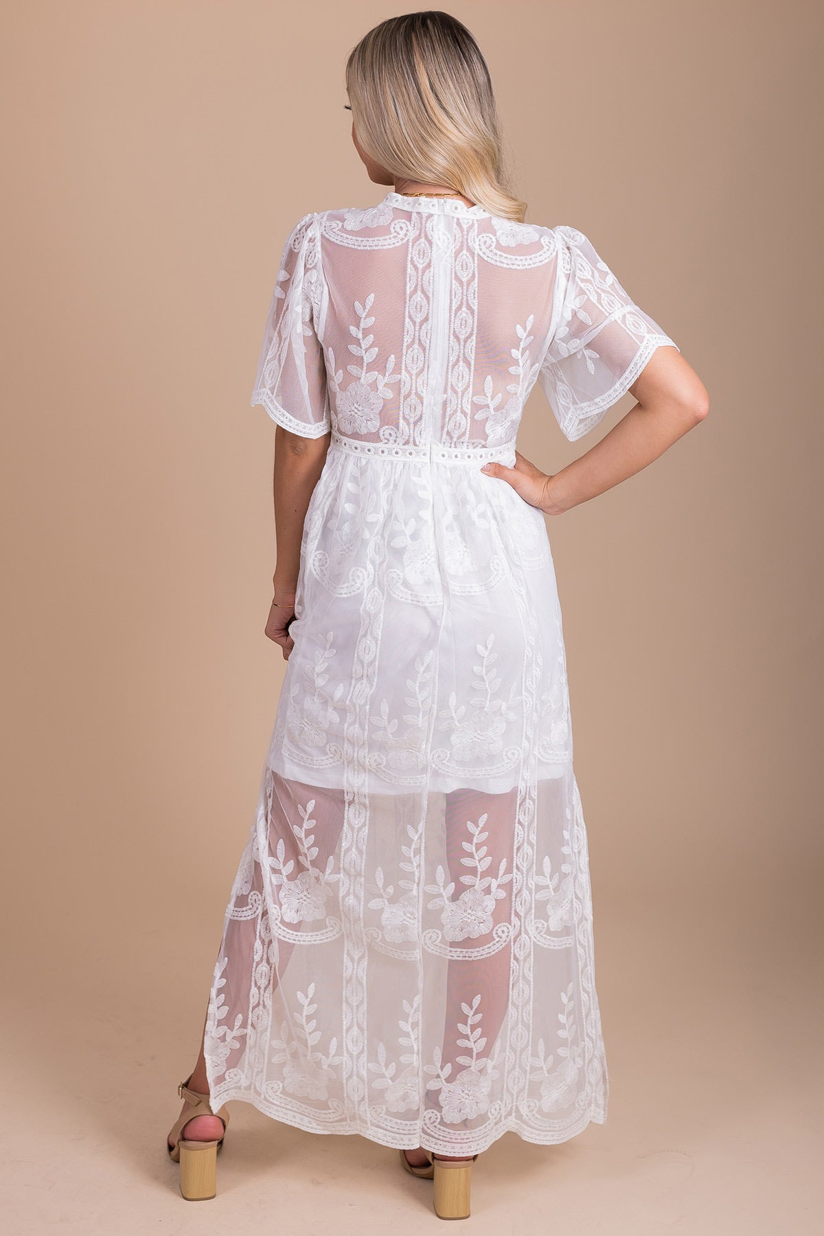 Maxi Length Lace Dress in White for Women