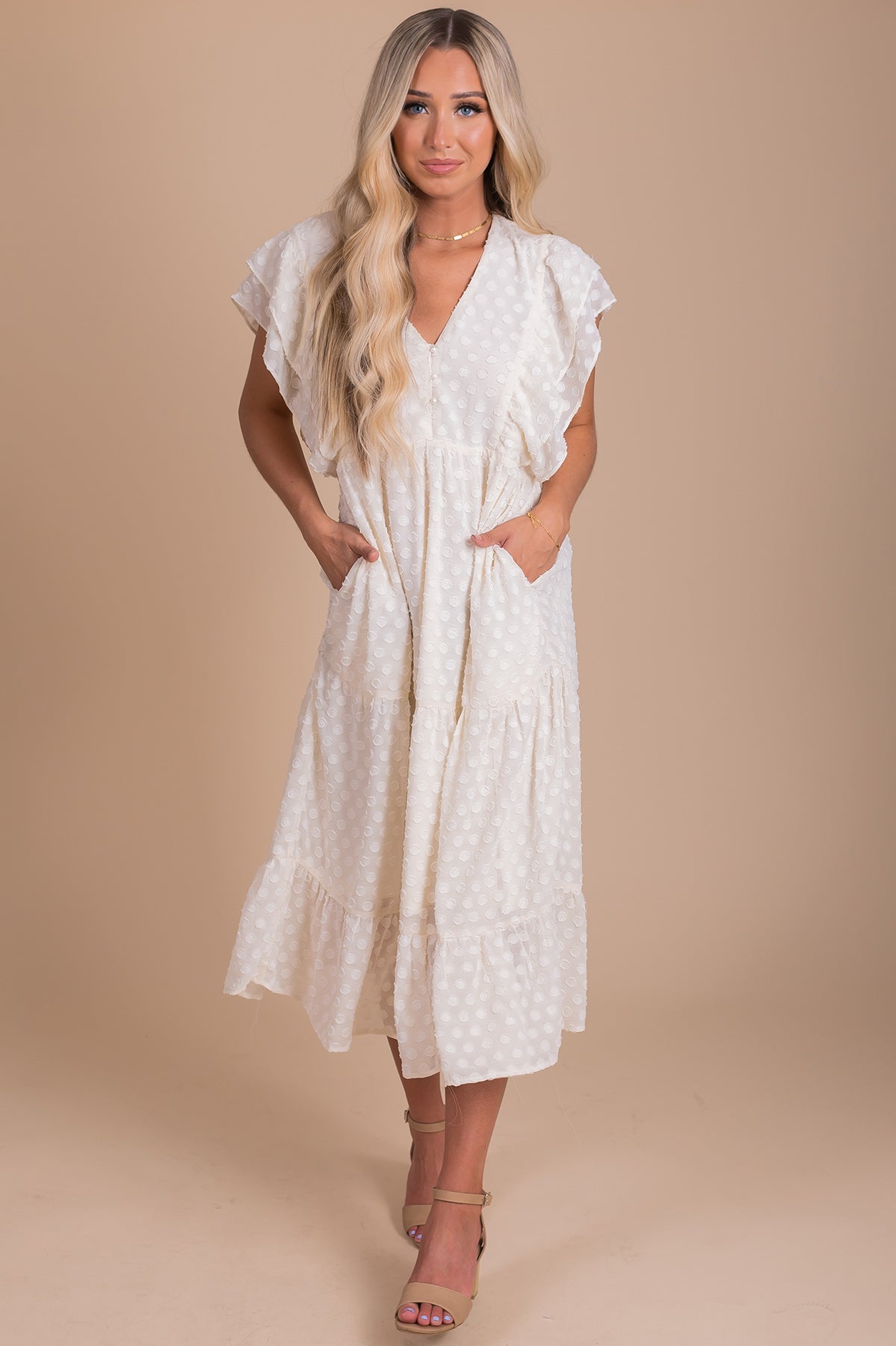 White Midi Dress with Pockets for Women