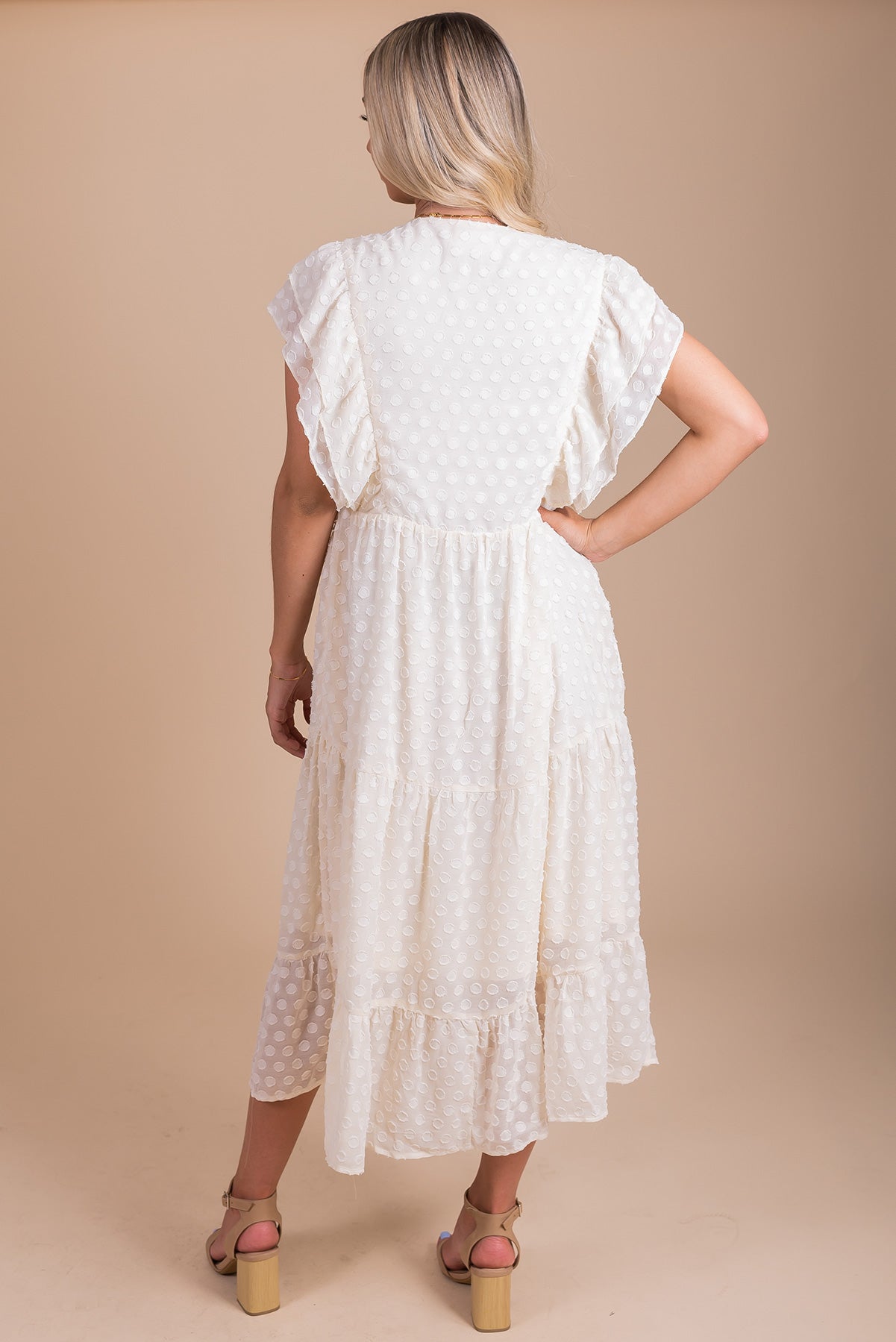 White Polka Dot Textured Midi Dress with Tiered Skirt for Women