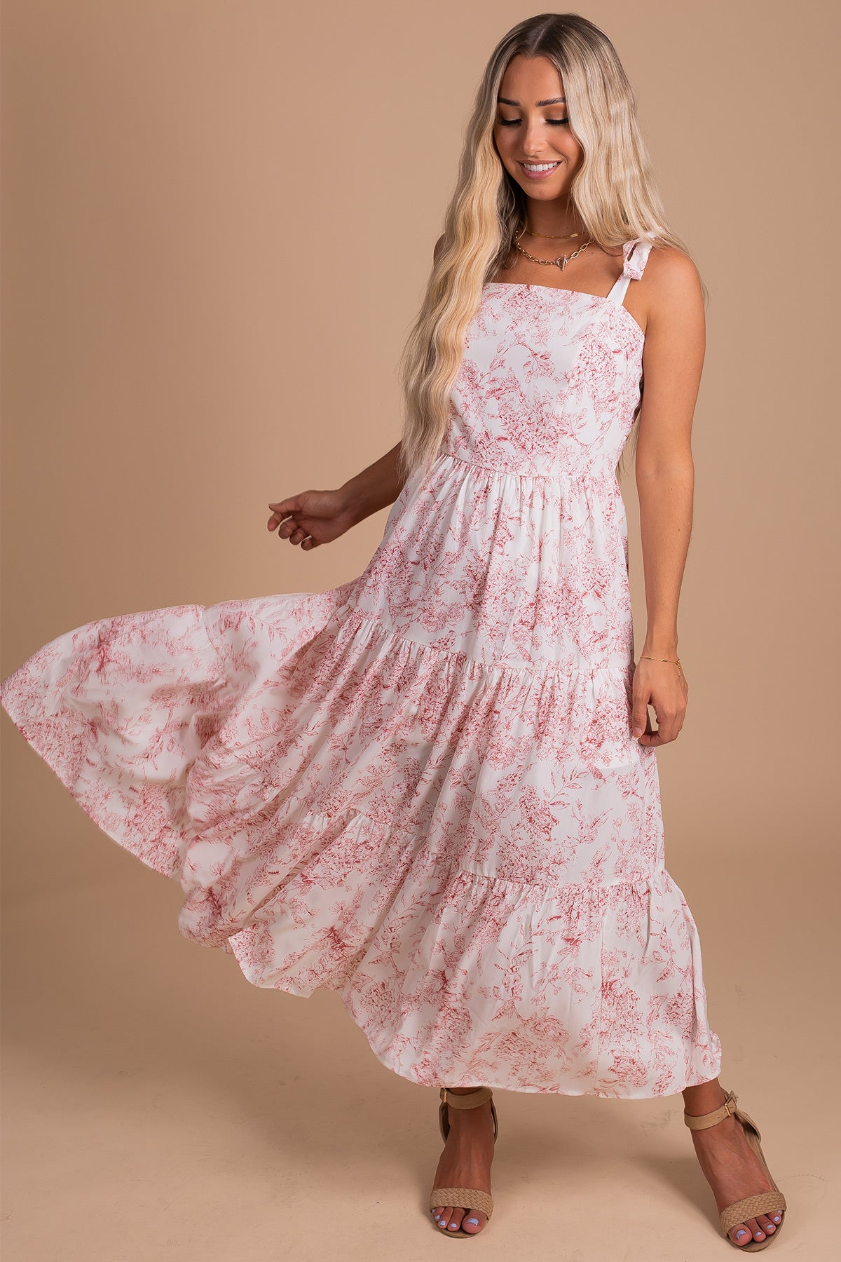 Women's Maxi Dress with Floral Print in White and Red
