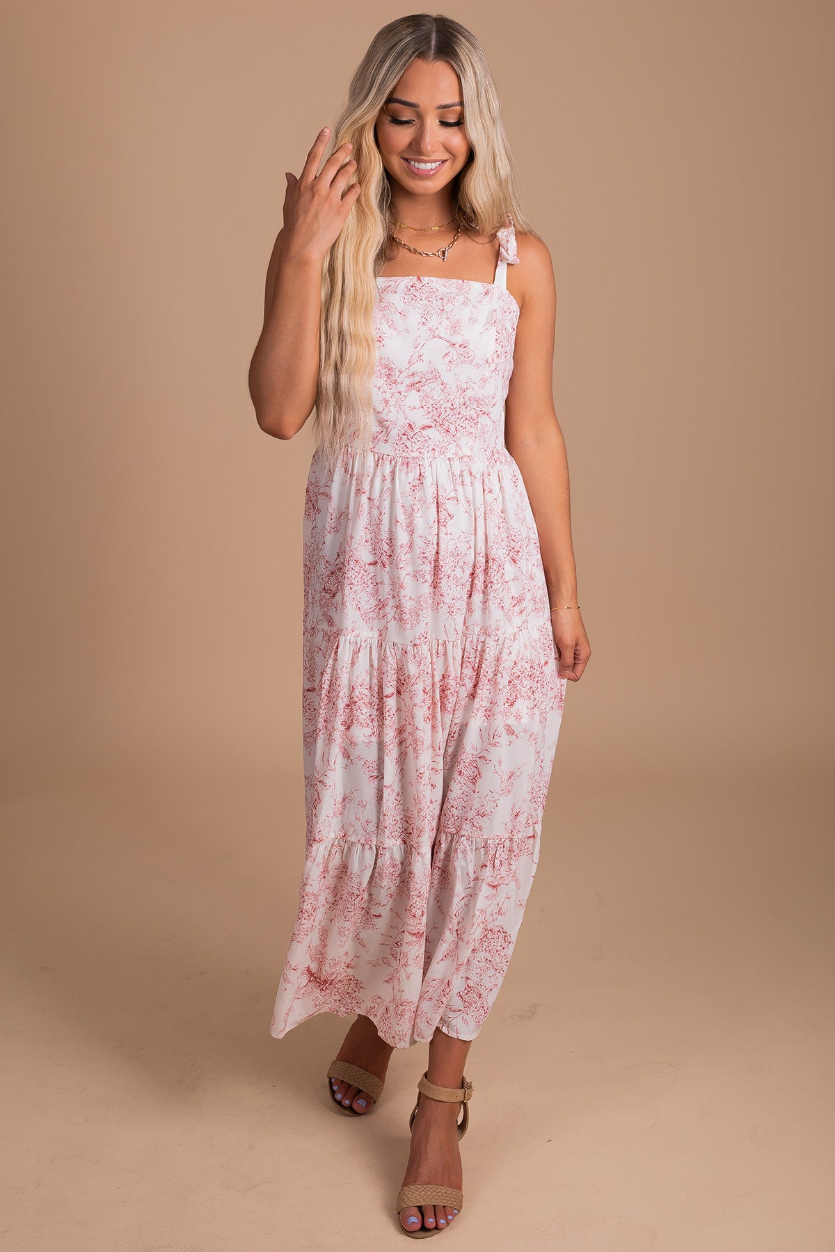 Square Neckline Maxi Dress with Floral Print in Red