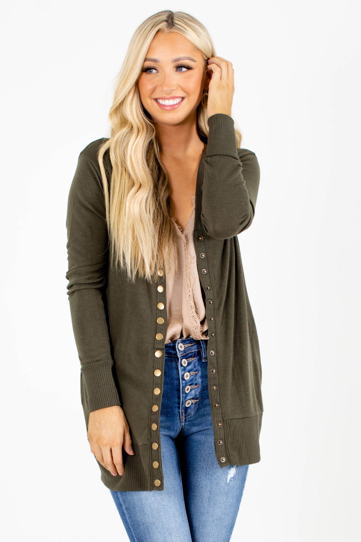 Dark Olive Green Cardigan with Buttons