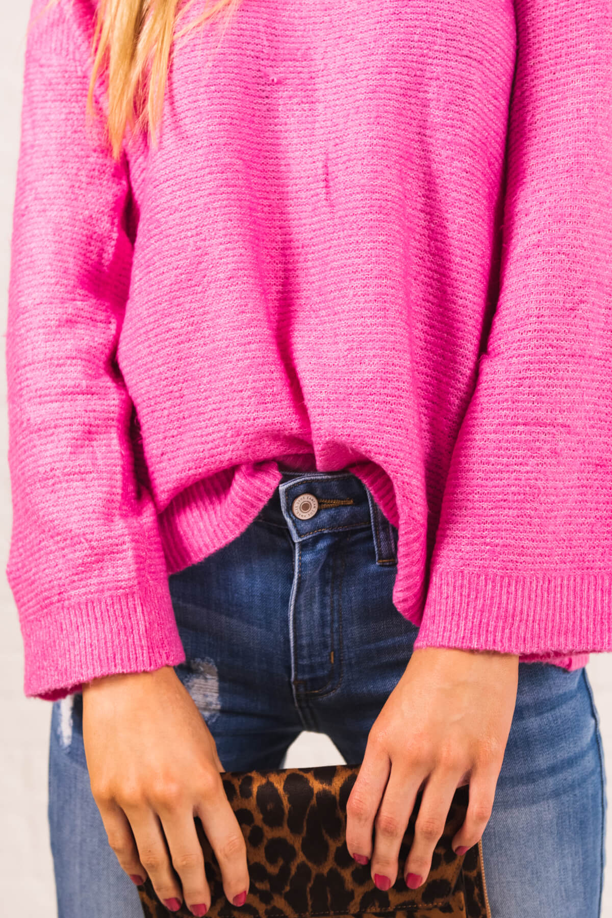 Hot Pink Long Sleeve Ribbed Material Boutique Sweaters for Women