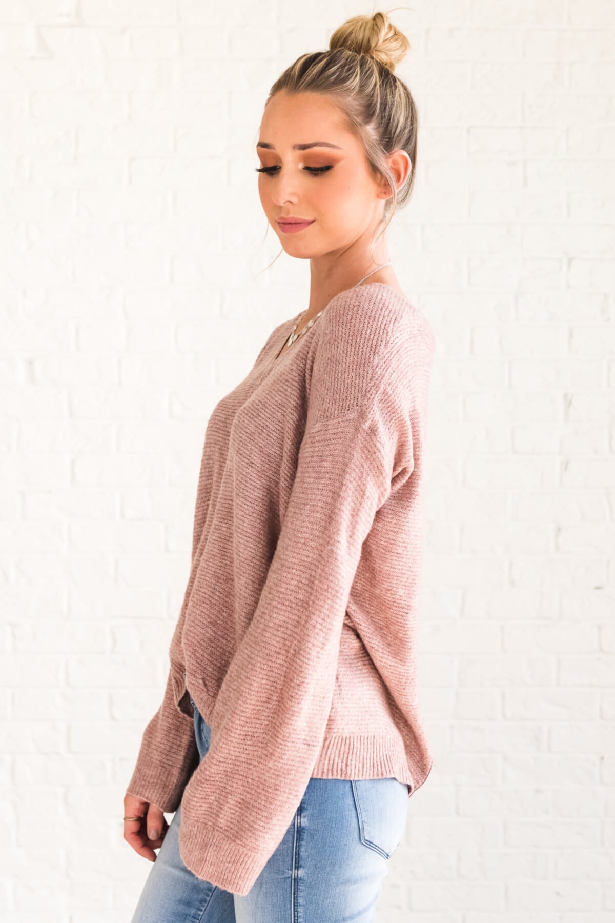 Mauve Pink Long Sleeve Ribbed Material Boutique Sweaters for Women