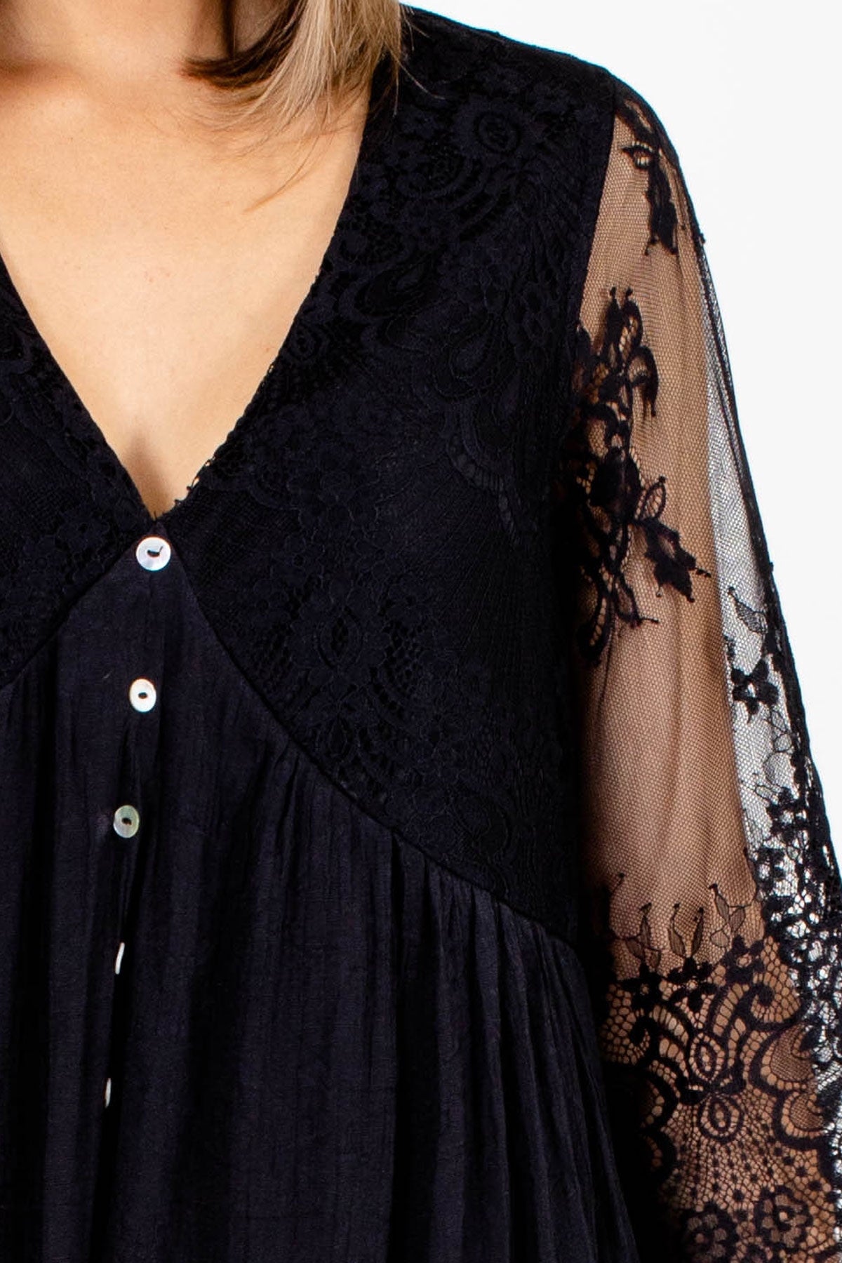 Black Dress with Lace Sleeves, Button Front, and V Neck