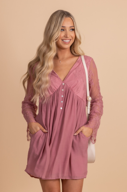 Mauve Pink Mini Dress with V Neckline and Lace Long Sleeves