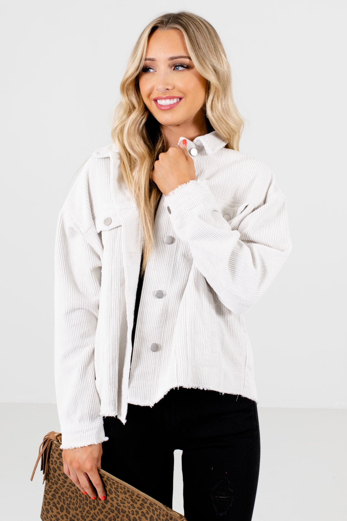 Women's White Frayed Hem and Cuff Boutique Jacket