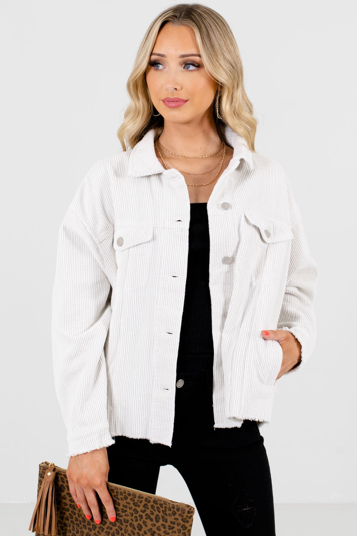 White High-Quality Corduroy Material Boutique Jackets for Women