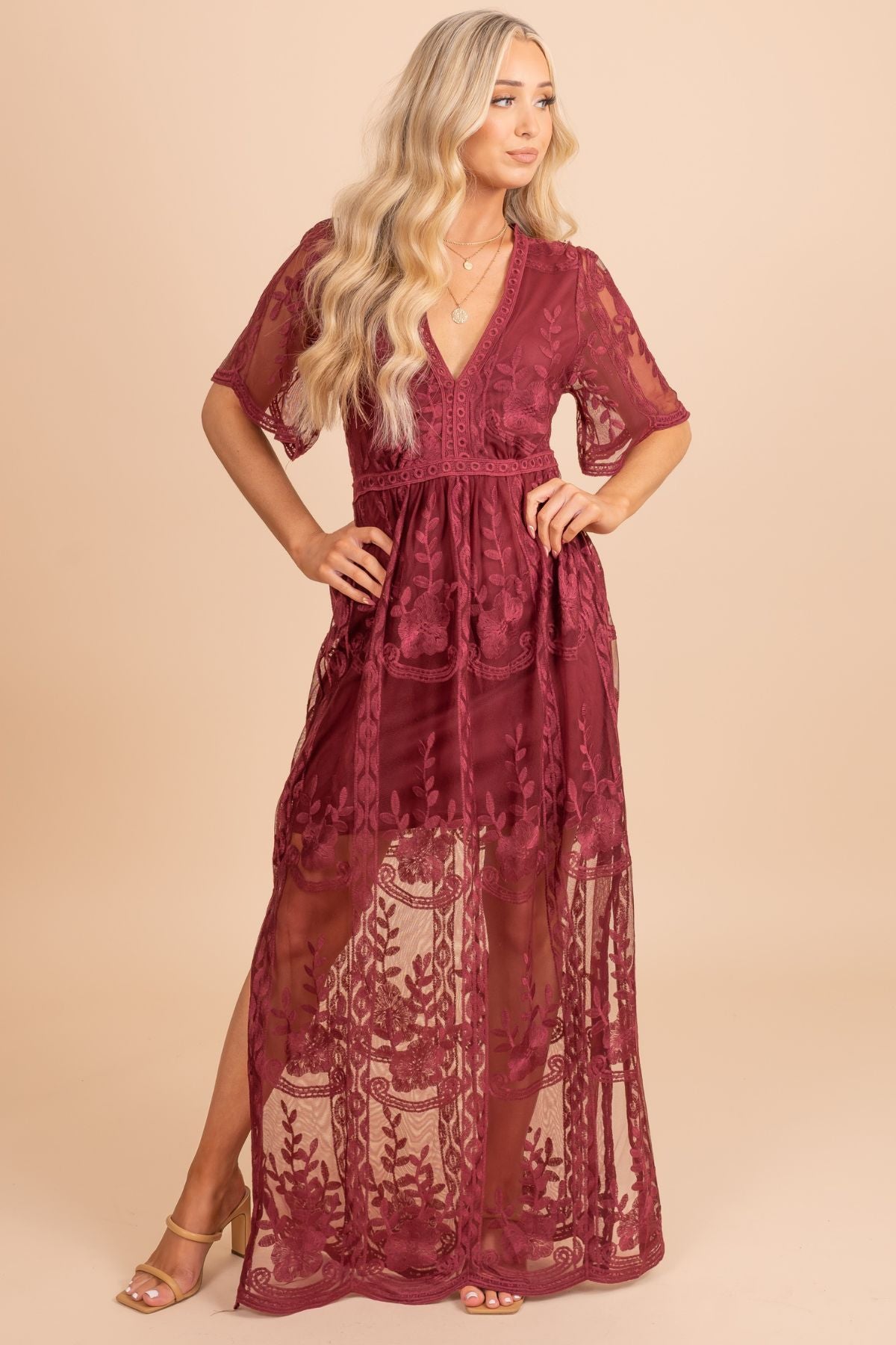 Wine Red Lace Boutique Maxi Dresses for Women