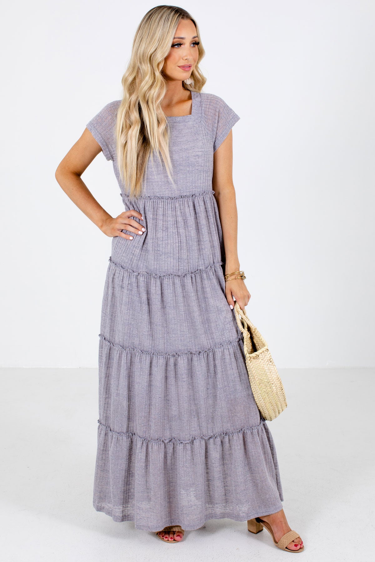 Gray High-Quality Ribbed Material Boutique Maxi Dresses for Women