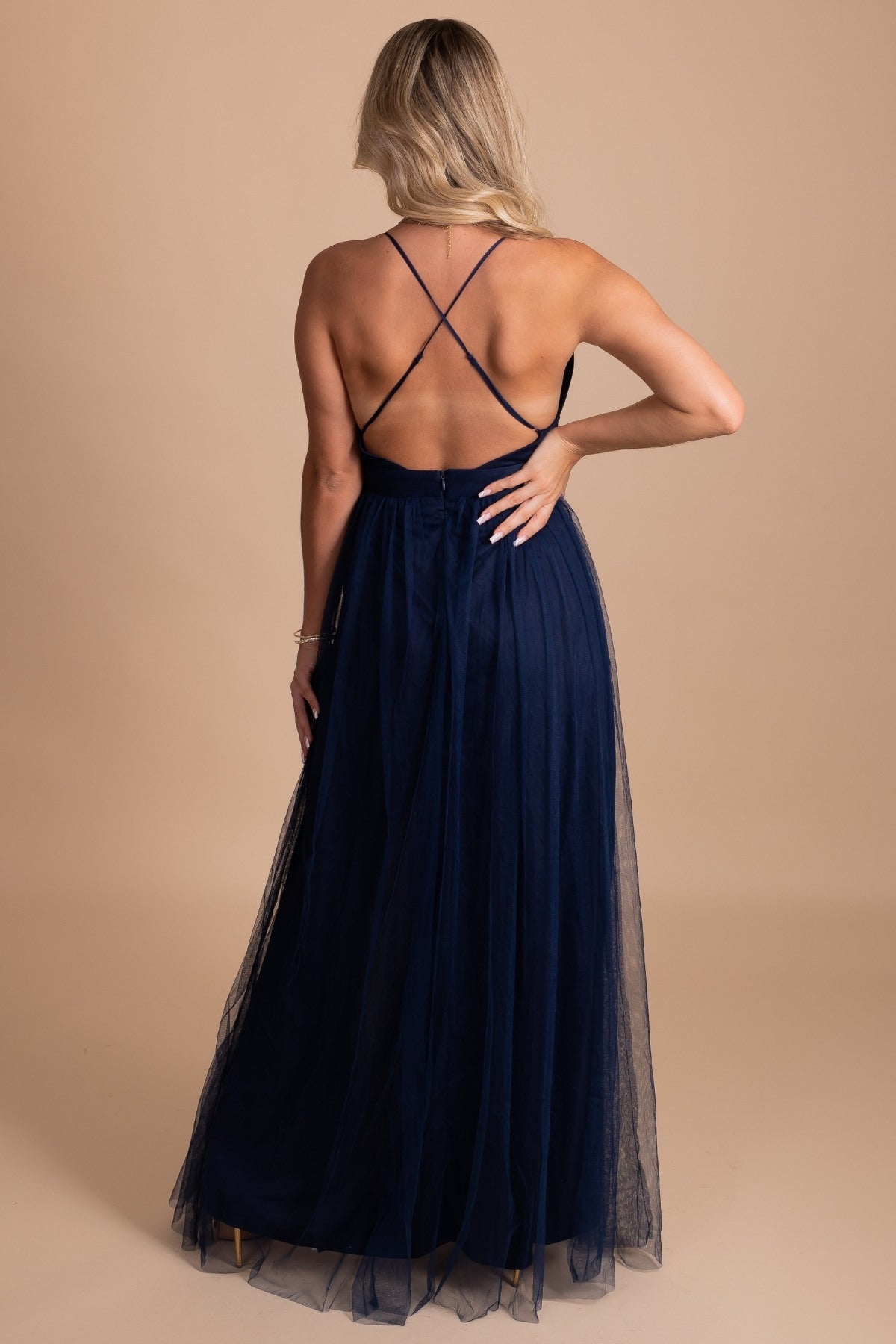 Formal Tulle Dress with Criss-Cross Spaghetti Straps in Navy Dark Blue