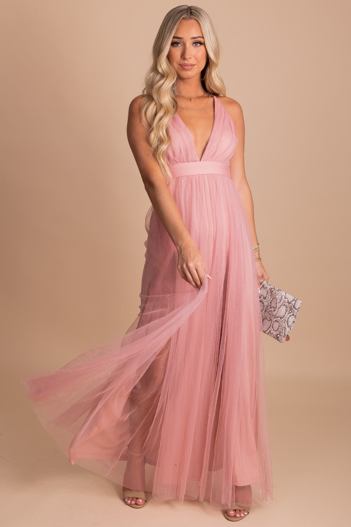 Dusty Mauve Pink Formal Dress with Plunging Neckline