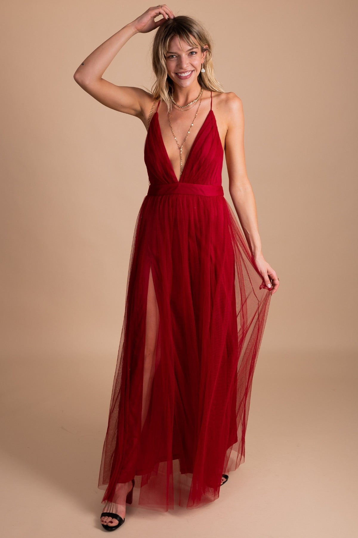 Women's Tulle Formal Dress in Ruby Red