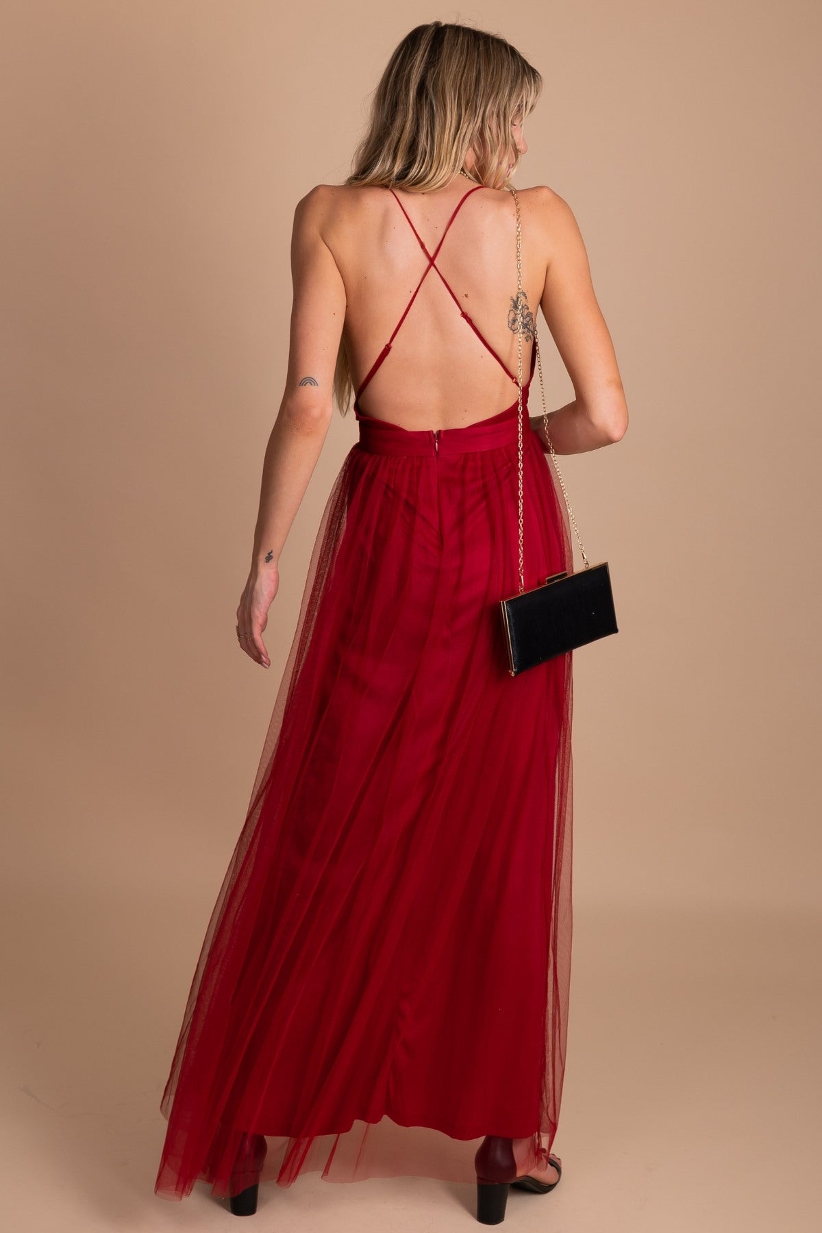 Boutique Ruby Red Long Dress with Criss-Cross Spaghetti Straps