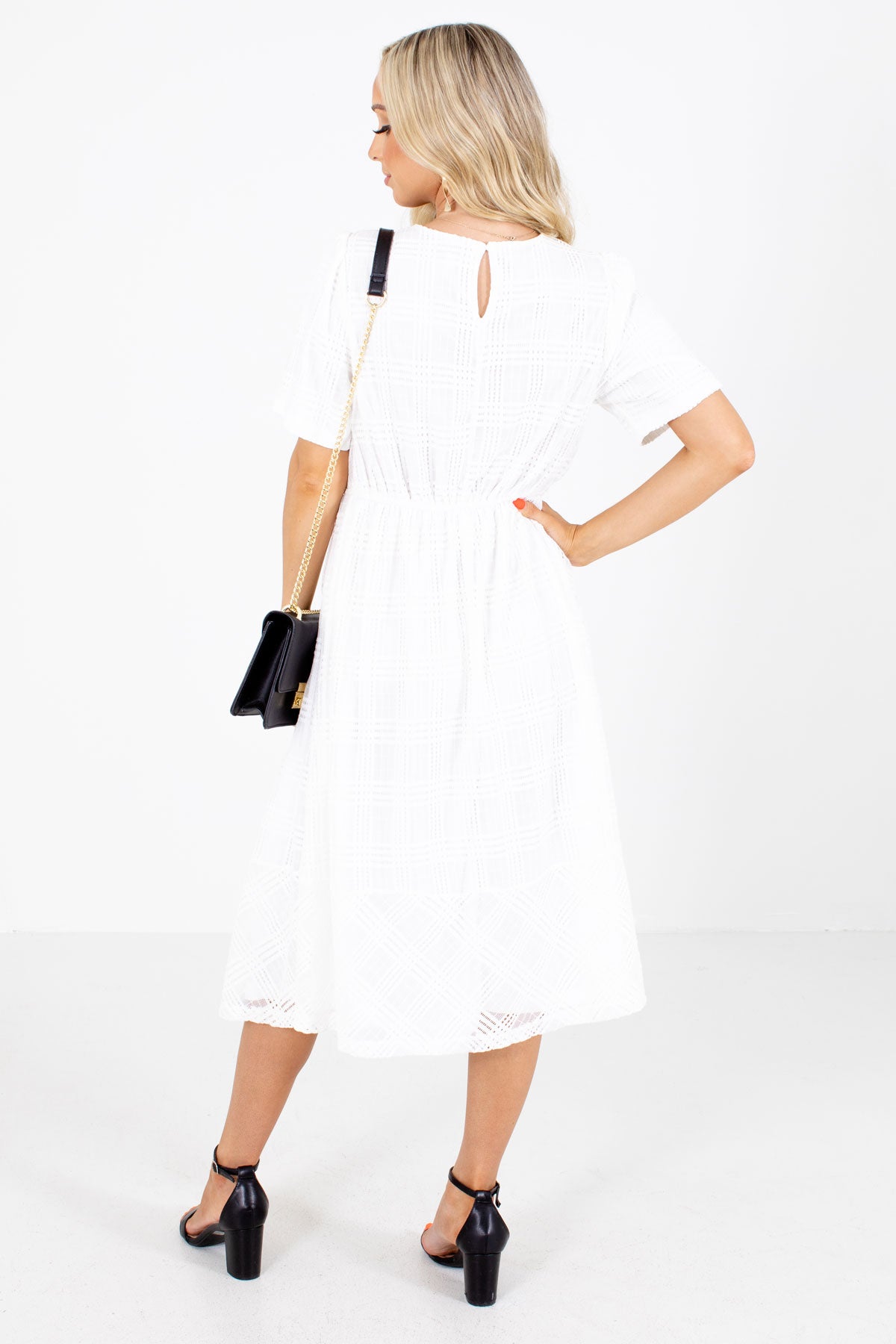 Women's White Back Elastic Waistband Boutique Midi Dress