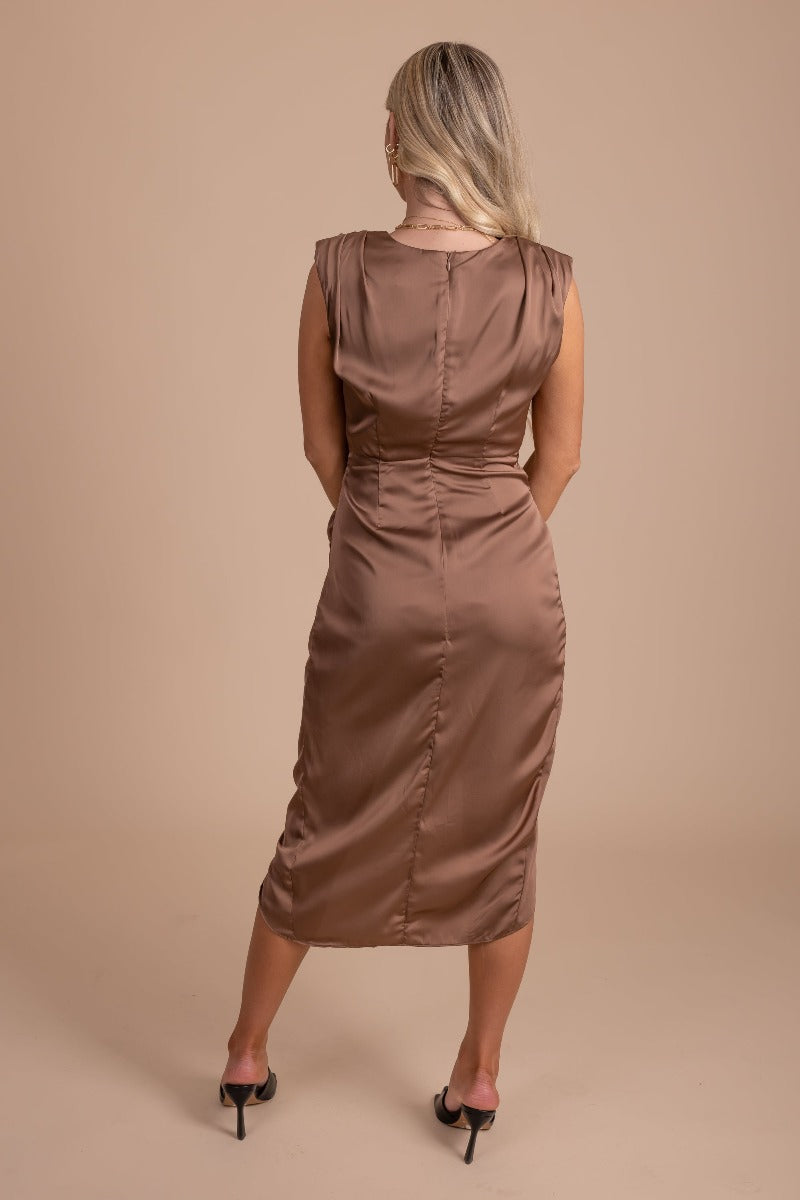 shoulder padded silk midi dress in dark brown