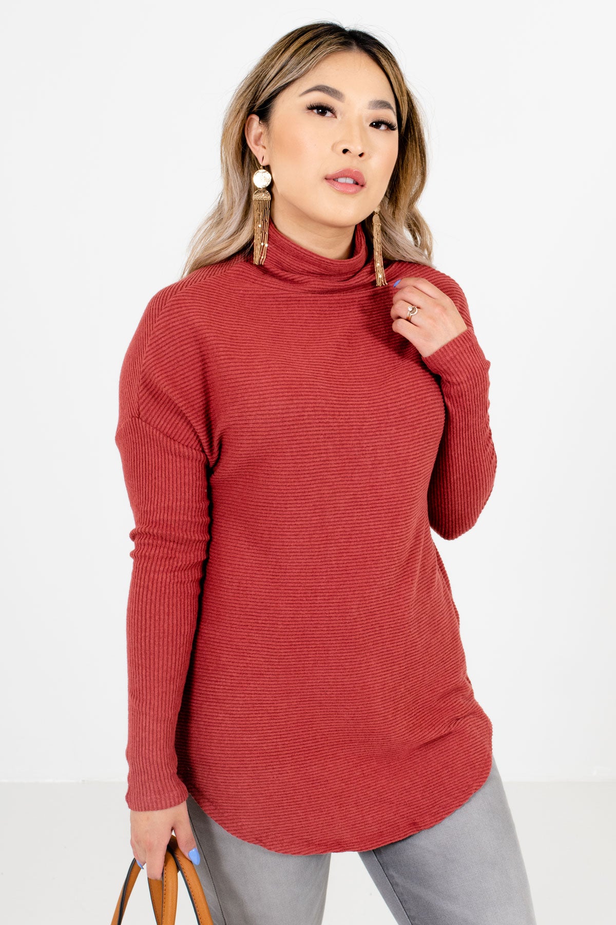 Brick Red Cowl Neck Style Boutique Sweaters for Women