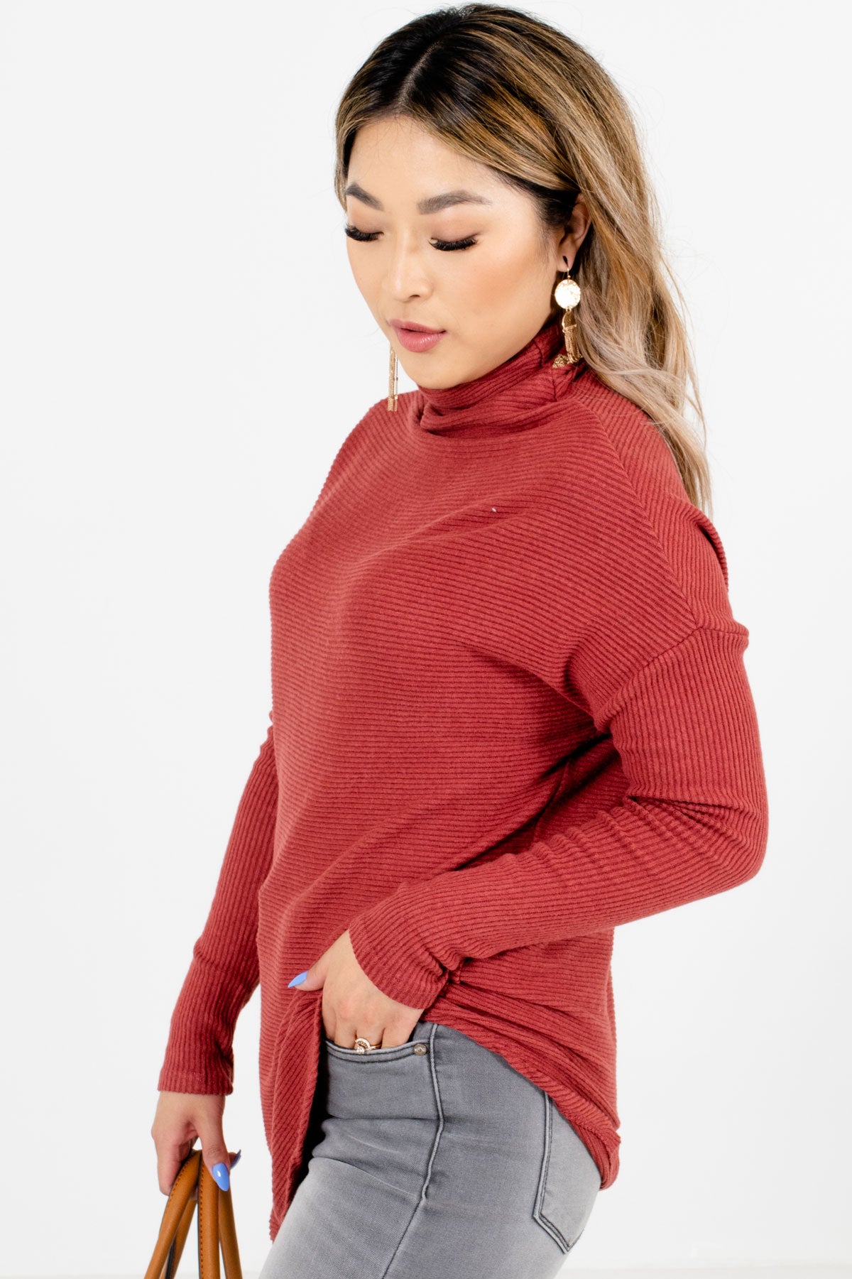 Brick Red High-Quality Ribbed Material Boutique Sweaters for Women