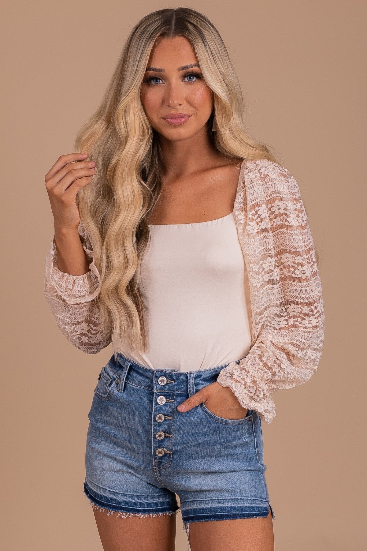 Bodysuit in Cream with Lace Long Sleeves and Square Neck