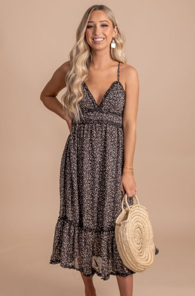 Women's Midi Dress with Floral Print and Ruffle Trim