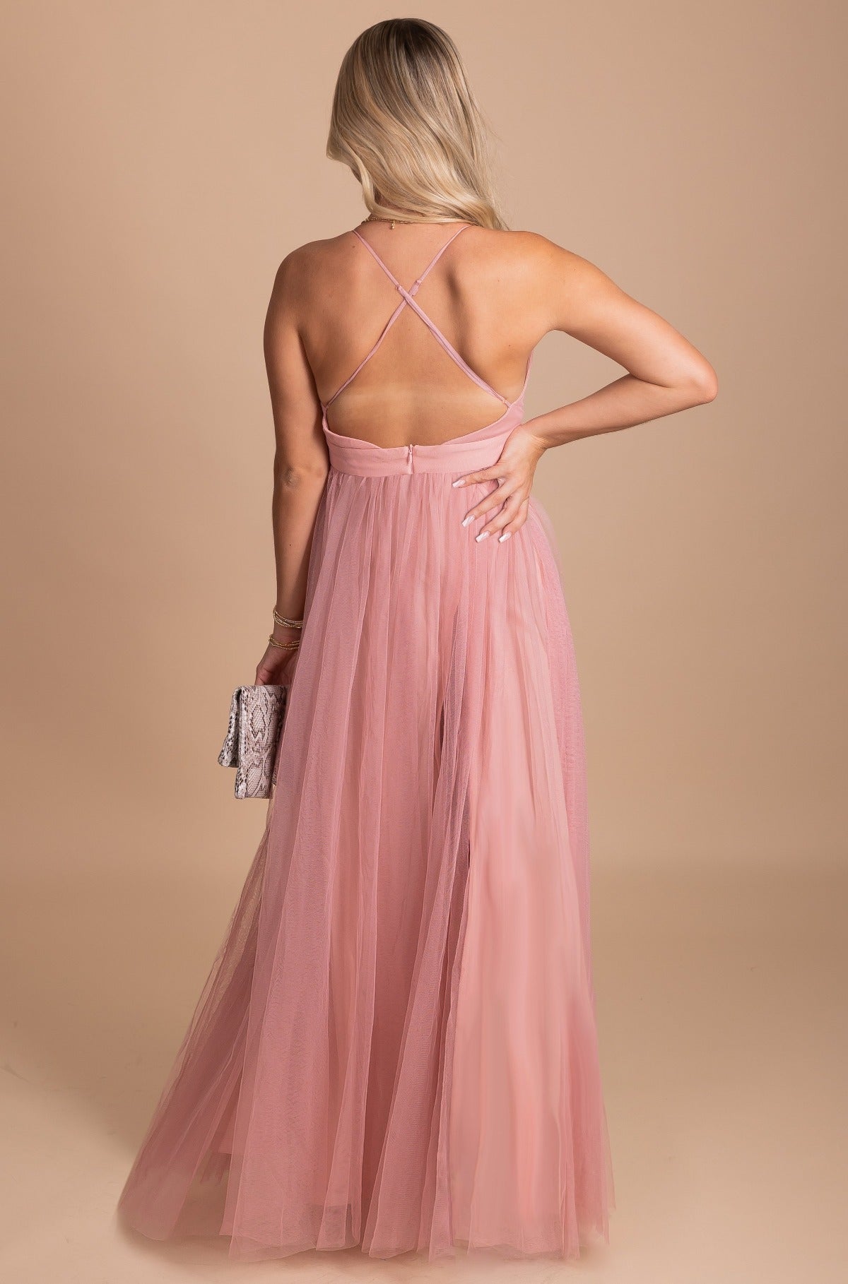 Formal Floor Length Dress in Mauve Pink with Spaghetti Straps