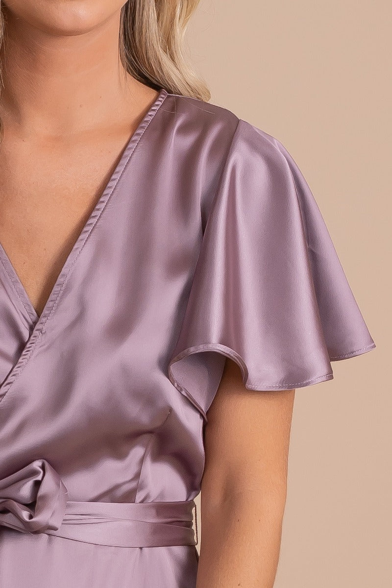 belt wrap tie waist maxi silky maxi dress in light purple