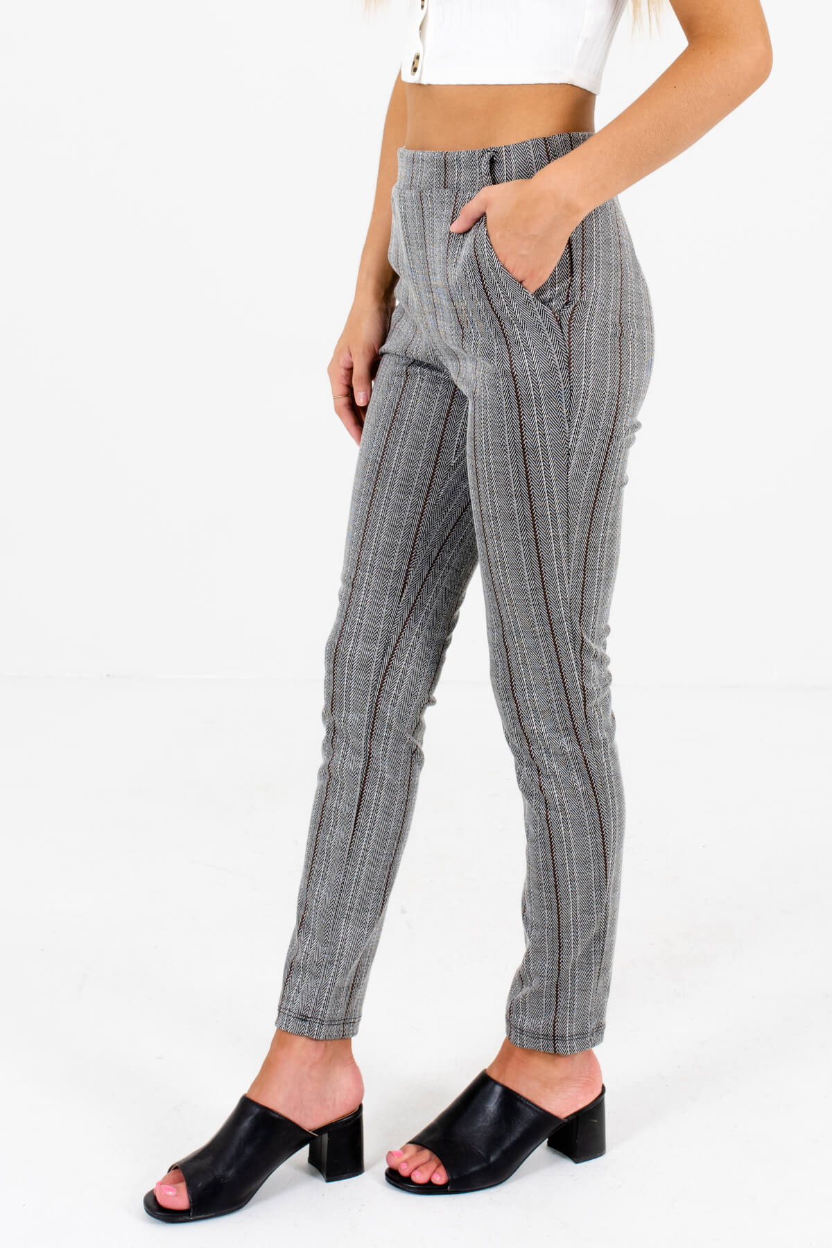 Gray Patterned Boutique Pants with Pockets for Women
