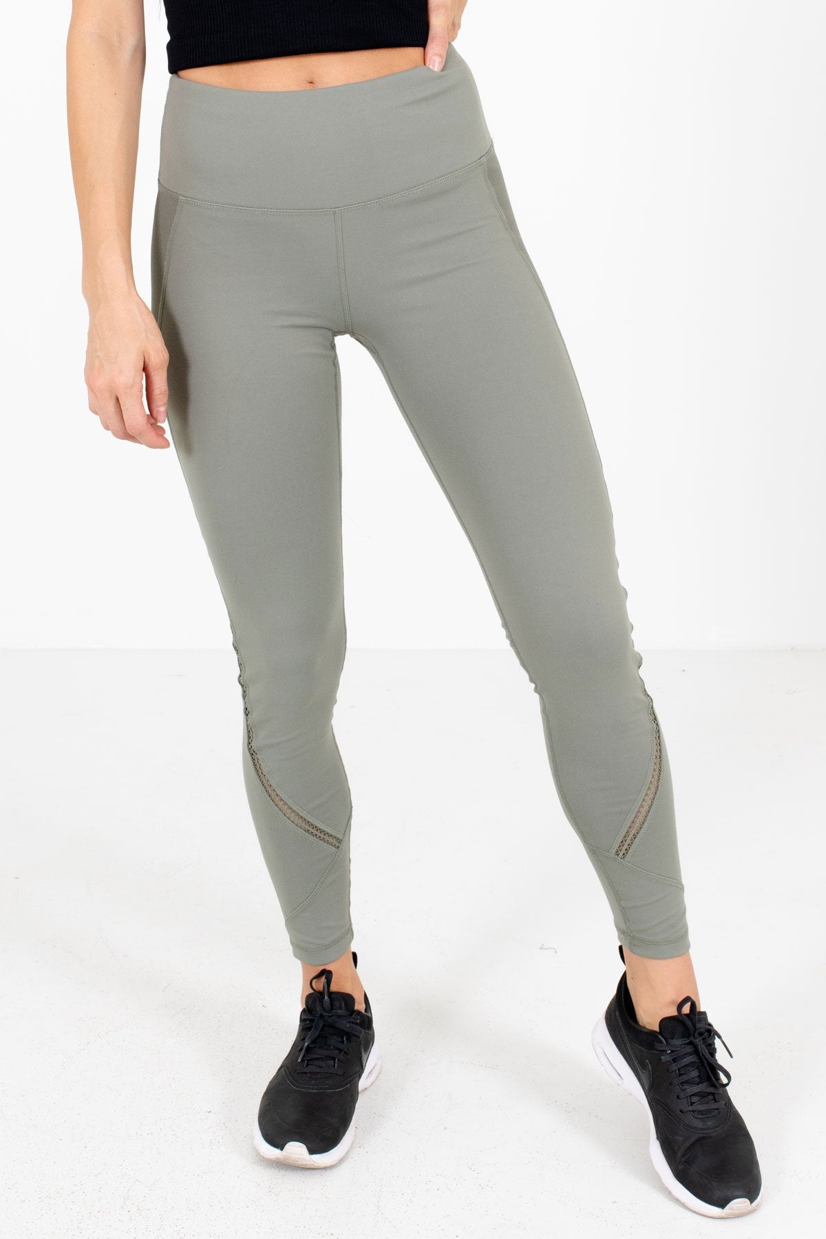Olive Green Lace Insert Boutique Active Leggings for Women