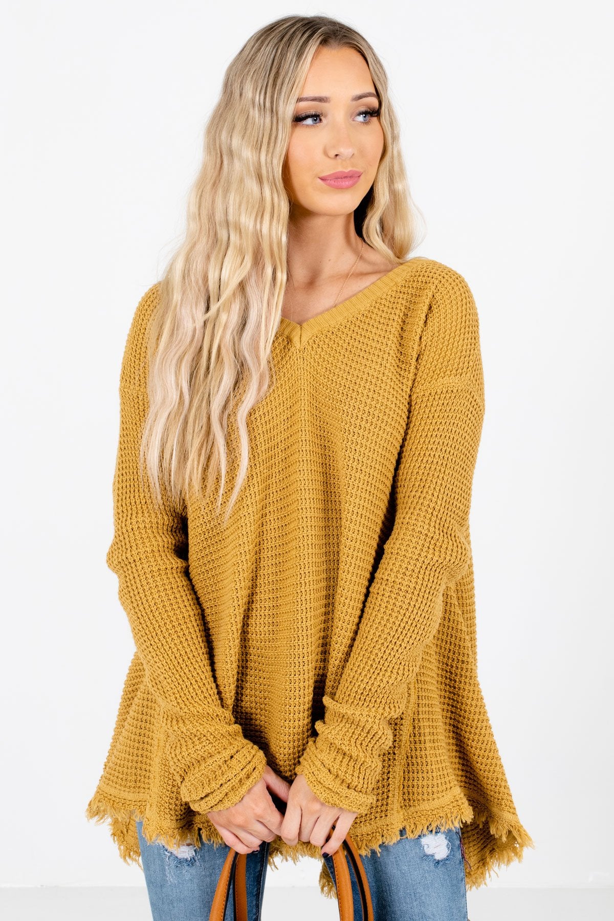 Women’s Mustard Frayed Hem Boutique Sweater