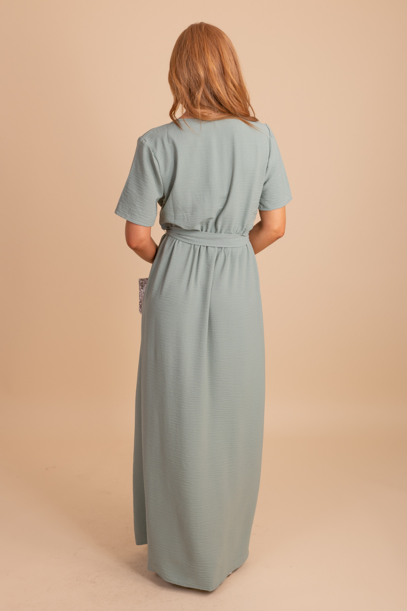 Women's Wrap Style Dress with Short Sleeves and Waist Tie Detail in Sage Green