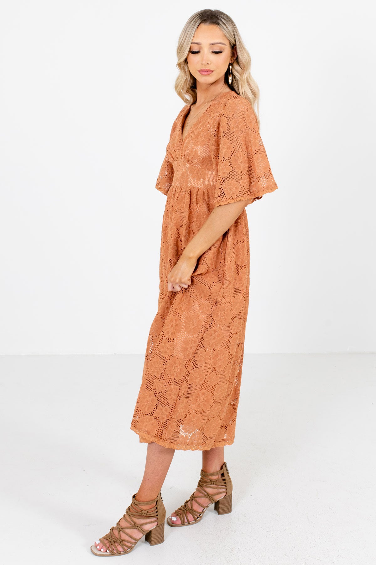 Floral and Lace Detailed Orange Midi Boutique Dress.