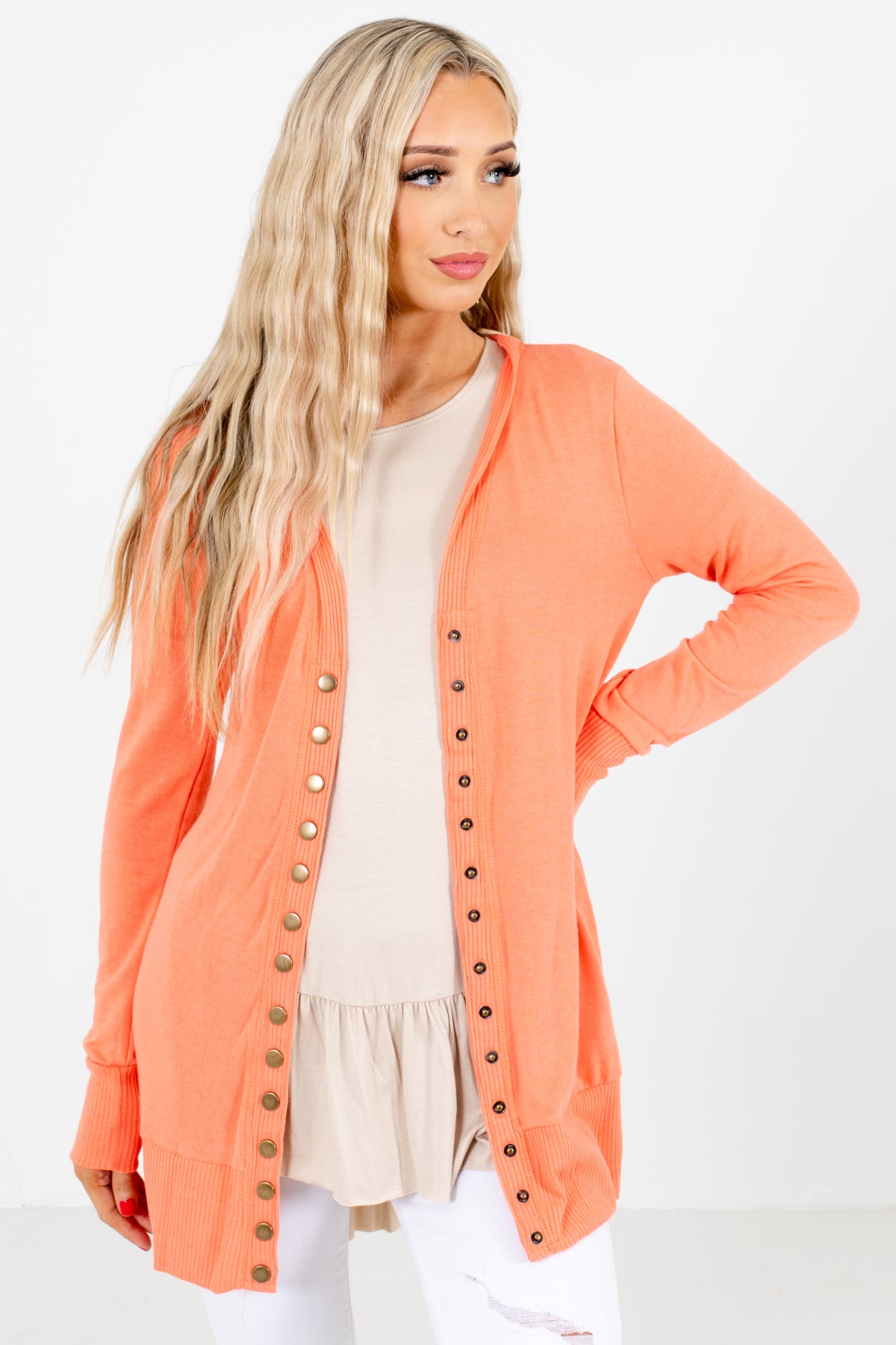 Button Cardigan in Coral.